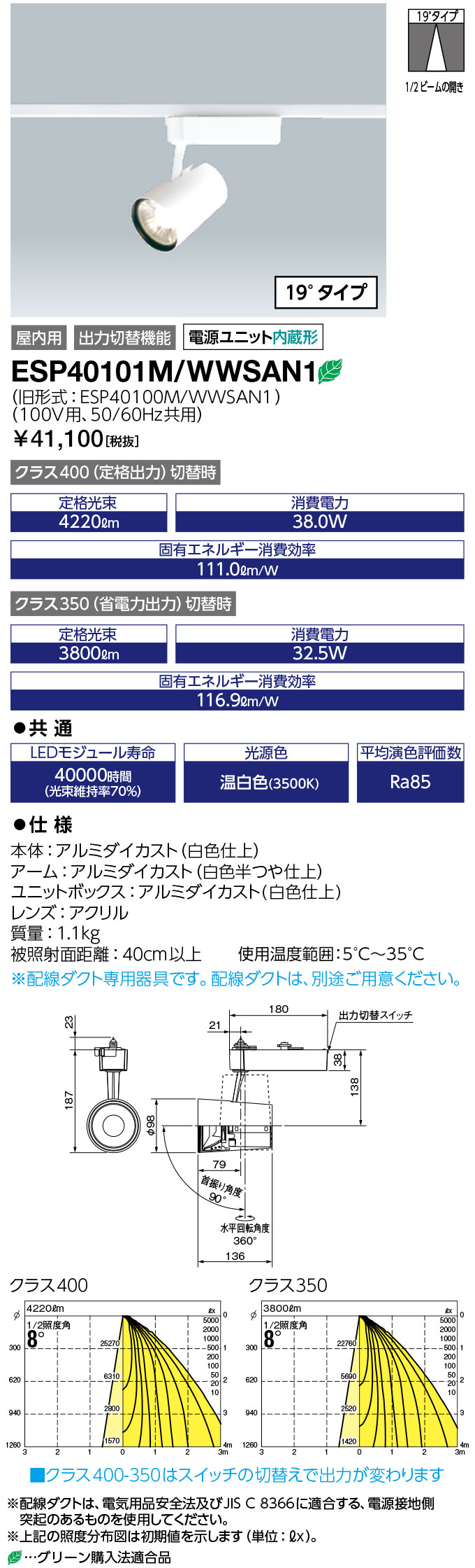 ̵ݥ2 ŵ ESP40101M/WWSAN1 (ESP40101MWWSAN1) LEDioc LEDݥåȥ饤 (COB) ̷ 饹400-350򿧥 (19륿)