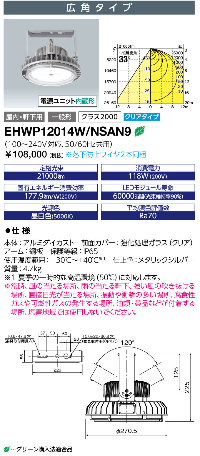 送料無料　ポイント2倍 LED照明 岩崎 EHWP12014W/NSAN9 (EHWP12014WNSAN9) ハイベイ シータ高天井用 メタルハライドランプ400W相当 昼白色 広角タイプ