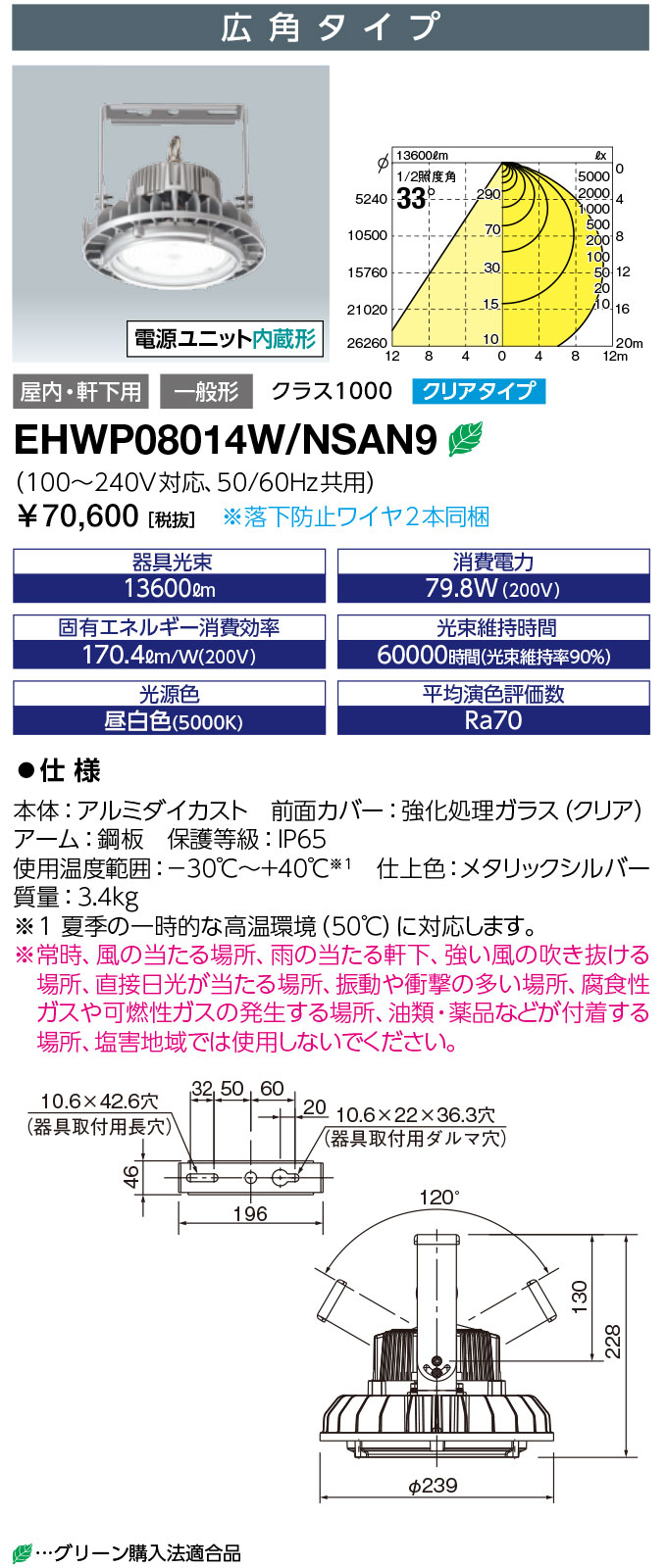 送料無料　ポイント2倍 岩崎電気 EHWP08014W/NSAN9 (EHWP08014WNSAN9) LED高天井器具 (レディオック ハイベイ シータ) 80W 広角タイプ クリアガラス