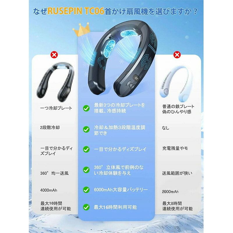 首掛け扇風機 ネッククーラー 冷却プレート dcモーター ネッククーラー 首かけ 1秒冷却 3つ冷却プレート 6000mAh 半導体冷却 強力 四風道送風 冷房 暖房 ネックヒーター LED付き 急速充電 羽なし 携帯扇風機 冷/暖 敬老の日プレゼント 父の日 母の日