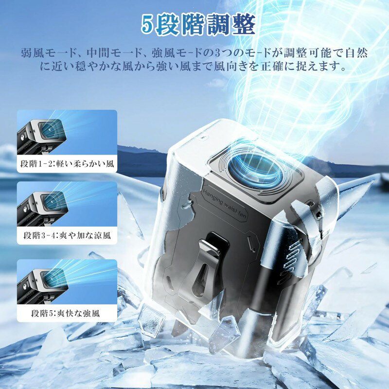 ベルトファン 腰掛け扇風機 強力 携帯扇風機 首掛け/腰掛け/卓上 5段階風量調節 静音設計 8000mAh大容量 熱中症対策 アウトドア/屋外作業/オフィス用