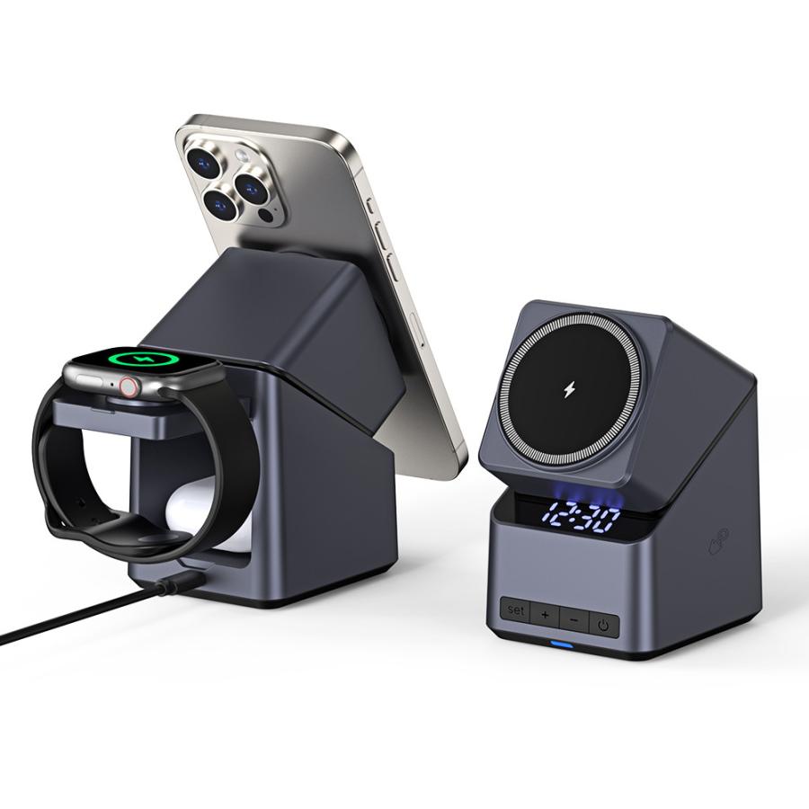 ワイヤレス充電器 3-in-1 折りたたみ式 MagSafe 充電スタンド USB-C ハブ付き、iPhone 16/15/14/13/12、Apple Watch および AirPods 用ワイヤレス充電ステーション