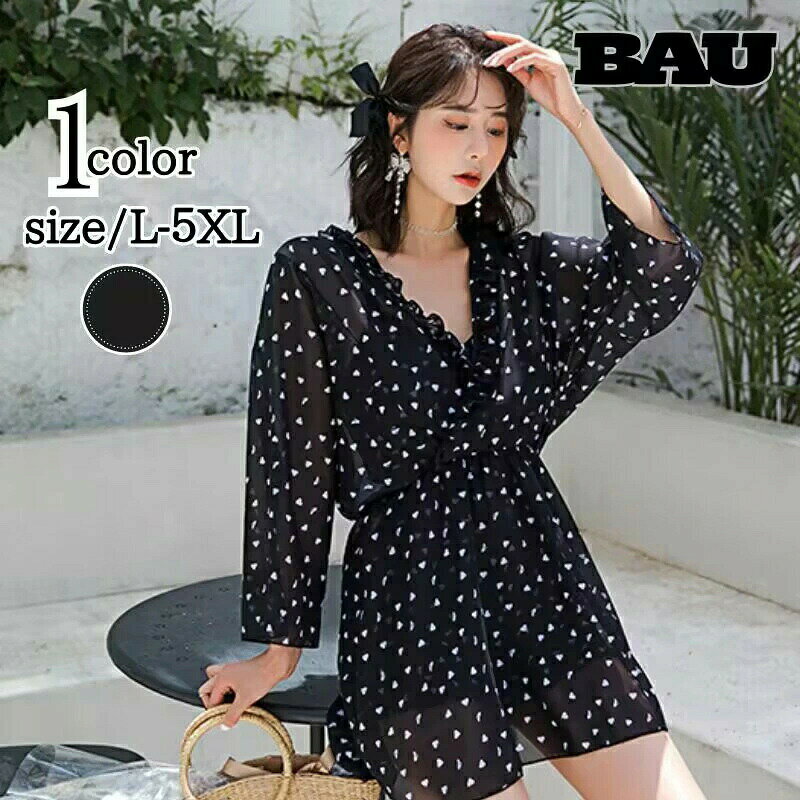 樂天商城 - 水着 レディース 体型カバー 3点セット 大きいサイズ オールインワン ママ水着 ワンピース水着 フリルスカート ぽっちゃり 30代 40代 50代 60代 オトナ女子 可愛い お洒落 黒 ブラック 長袖 水玉 3XL 4XL 5XL ビックサイズ 着?せ ぽっちゃり