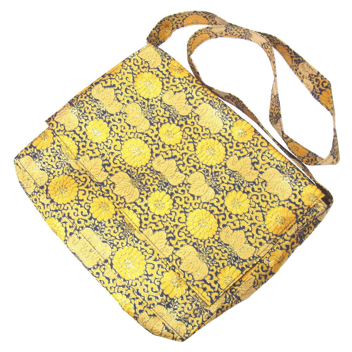 きらびやかな金襴布地の頭陀袋ズタ袋（山谷袋）【唐草菊柄・紺色】当店の定番商品です。(お遍路さんの巡礼・巡拝・参拝のお供に)［お遍路グッズ］［お遍路用品］