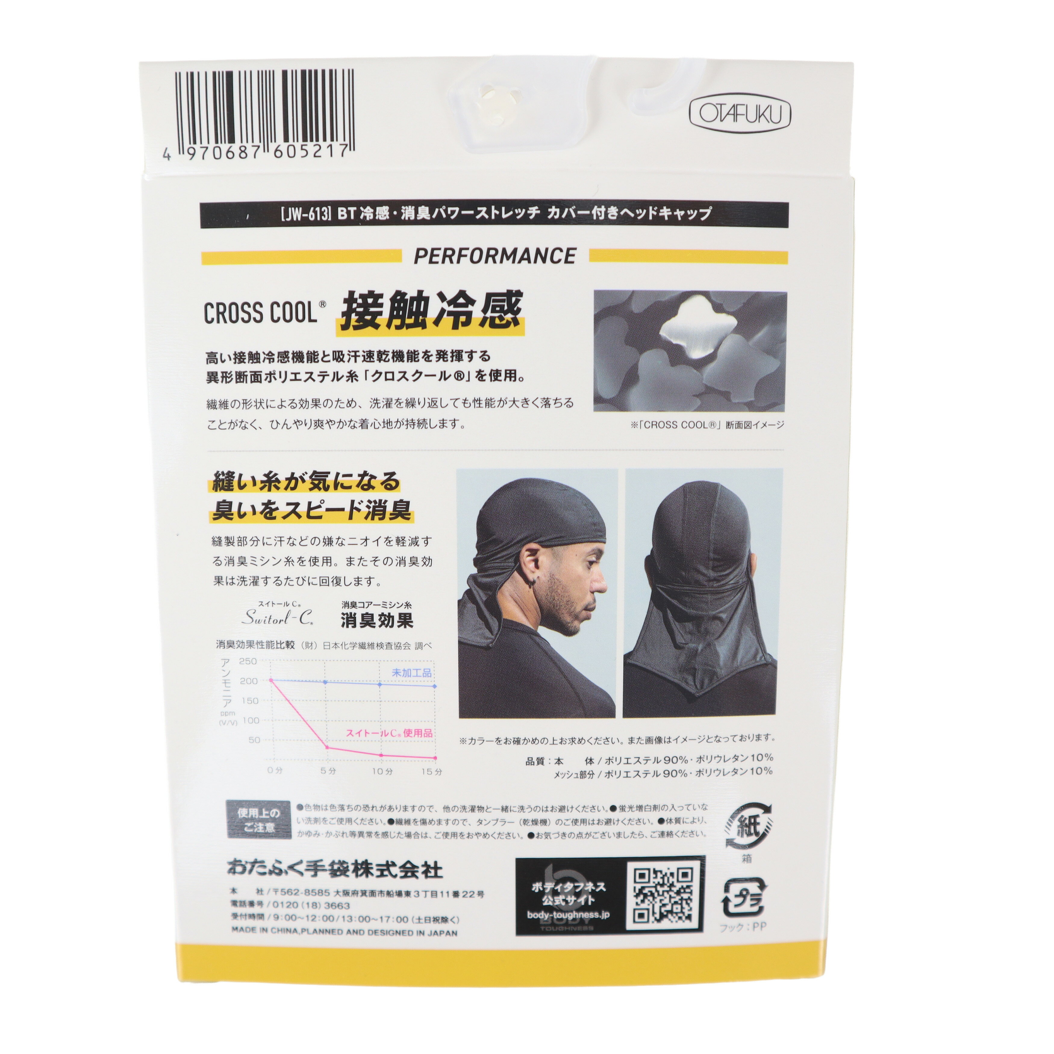 おたふく手袋 JW 613 グレー 接触冷感 ヘッドキャップカバー付 夏用 涼しい クール スピード消臭 吸汗速乾 パワーストレッチ UVカット 首筋ガード ランニング 日焼けガード