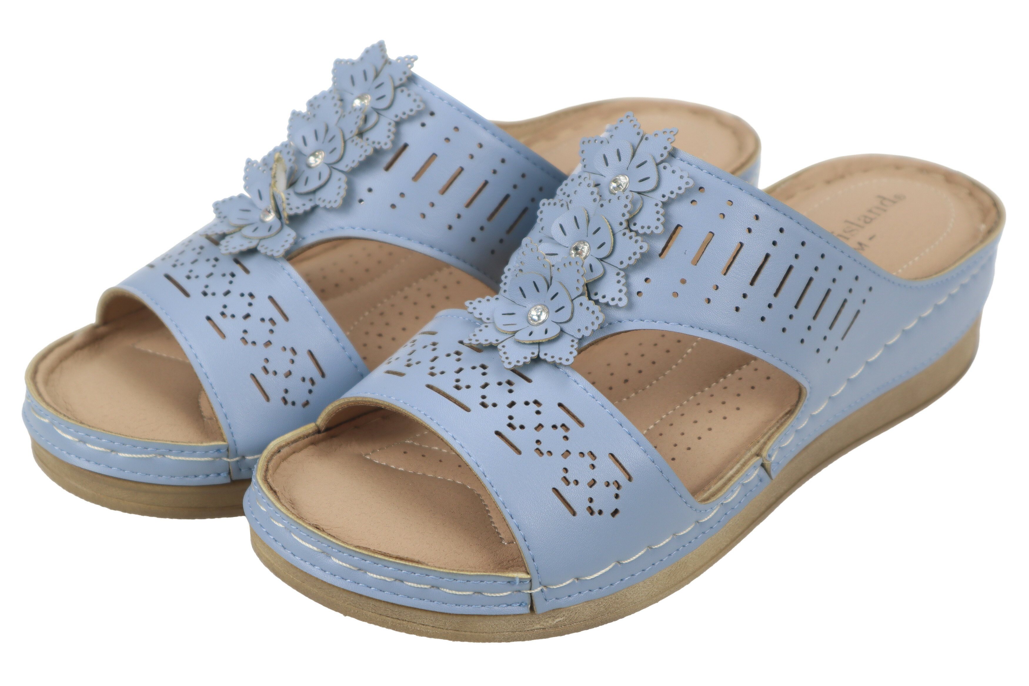 丸宗 LS 310 アイスブルー レディース ウェッジサンダル ヨーロピアンデザイン もこもこインソール カジュアル オシャレ履き 軽量 花デザイン