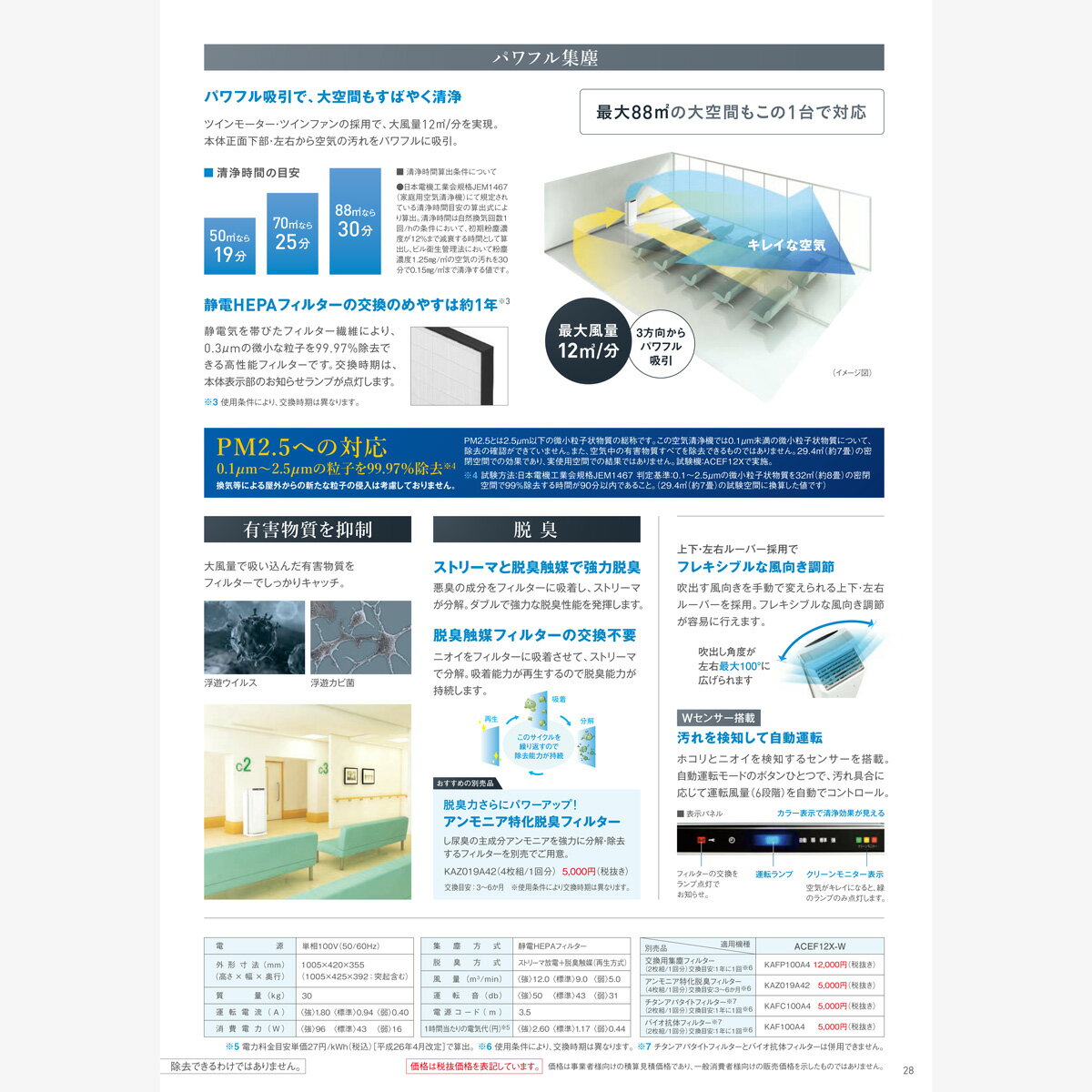 ダイキン ストリーマ空気清浄機 ACEF12X-W（ホワイト） DAIKIN 業務用 2021年モデル パワフル PM2.5 脱臭 風向き調節 大空間 抗菌【送料無料】
