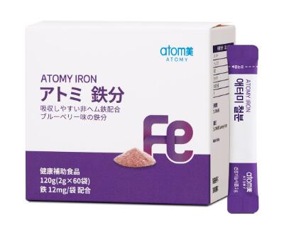 アトミ 鉄分 2g×60袋(120g) ATOMY IRON 健康補助食品 吸収しやすい非ヘム鉄配合おいしいブルーベリー味 J04015 #8809668703269 tel-j-10059253 テルショップ・ジャパン楽天市場店 パッケージ画像