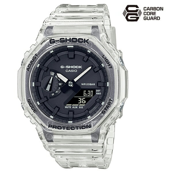 時計・アクセサリー＞腕時計G-SHOCK ホワイトベース クリアータイプ CASIO (カシオ)G-SHOCK 透過する樹脂パーツで構成したスケルトンシリーズ。CASIO (カシオ)商品コード(JAN・EAN・UPC)：4549526297946メーカー型番：GA-2100SKE-7AJFGA2100SKE7AJF＜特長＞●ホワイトをベースにしたクリアタイプのカラーリングに、カーボンコアガード構造で八角形ベゼルが人気のGA-2100をラインアップしました。●シックなカラーリングでファッションアイテムとしても活躍する新しいスケルトンシリーズです。●ケース・ベゼル材質：カーボン／樹脂。●樹脂バンド。●LED：ホワイト。●発売時期：2021年2月。＜仕様＞シリーズG-SHOCK電波対応電波対応なし文字盤デジタル＆アナログ防水機能20気圧防水バンド素材非金属系バンド耐衝撃構造あり＜仕様＞◆ネオブライト◆耐衝撃構造(ショックレジスト)◆無機ガラス◆20気圧防水◆針退避機能(針が液晶表示と重なって見づらいときは、針を液晶表示の上から一時的に退避させることができます)◆ワールドタイム:世界48都市(31タイムゾーン、サマータイム設定機能付き)+UTC(協定世界時)の時刻表示◆ストップウオッチ(1/100秒(1時間未満)/1秒(1時間以上)、24時間計、スプリット付き)◆タイマー(セット単位:1秒、最大セット:24時間、1秒単位で計測)◆時刻アラーム5本・時報◆フルオートカレンダー◆12/24時間制表示切替◆操作音ON/OFF切替機能◆ダブルLEDライト: 文字板用LEDライト(スーパーイルミネーター、残照機能、残照時間切替(1.5秒/3秒)付き)、 LCD部用LEDバックライト(スーパーイルミネーター、残照機能、残照時間切替(1.5秒/3秒)付き)◆精度:平均月差±15秒◆電池寿命:約3年◆サイズ(HxWxD):48.5x45.4x11.8mm◆質量:51g◆装着可能サイズ:約145〜215mmG-SHOCK 透過する樹脂パーツで構成したスケルトンシリーズ。