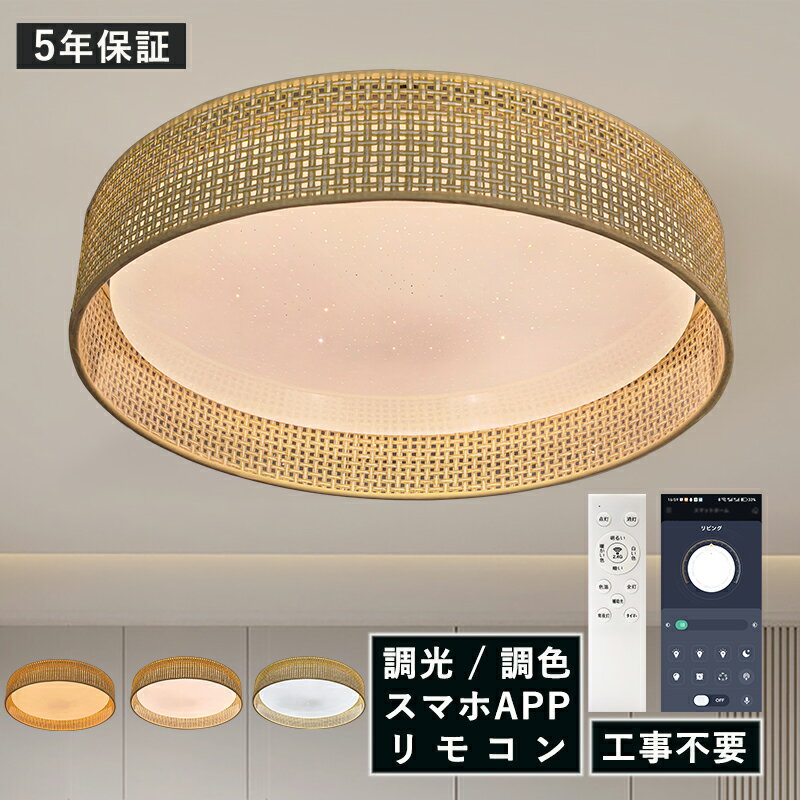 Rakuten - AAAZM LED シーリングライト 北欧 6畳〜8畳 ラタン調メッシュ装飾リング おしゃれ ラタン 天井照明器具 リビング 寝室 ダイニング 玄関 星空シェード LEDライト 薄型 モダン ベッドルーム 円形 和風 インテリア照明 天井ライト 和室 キッチン間接照明 リモコン調光調色