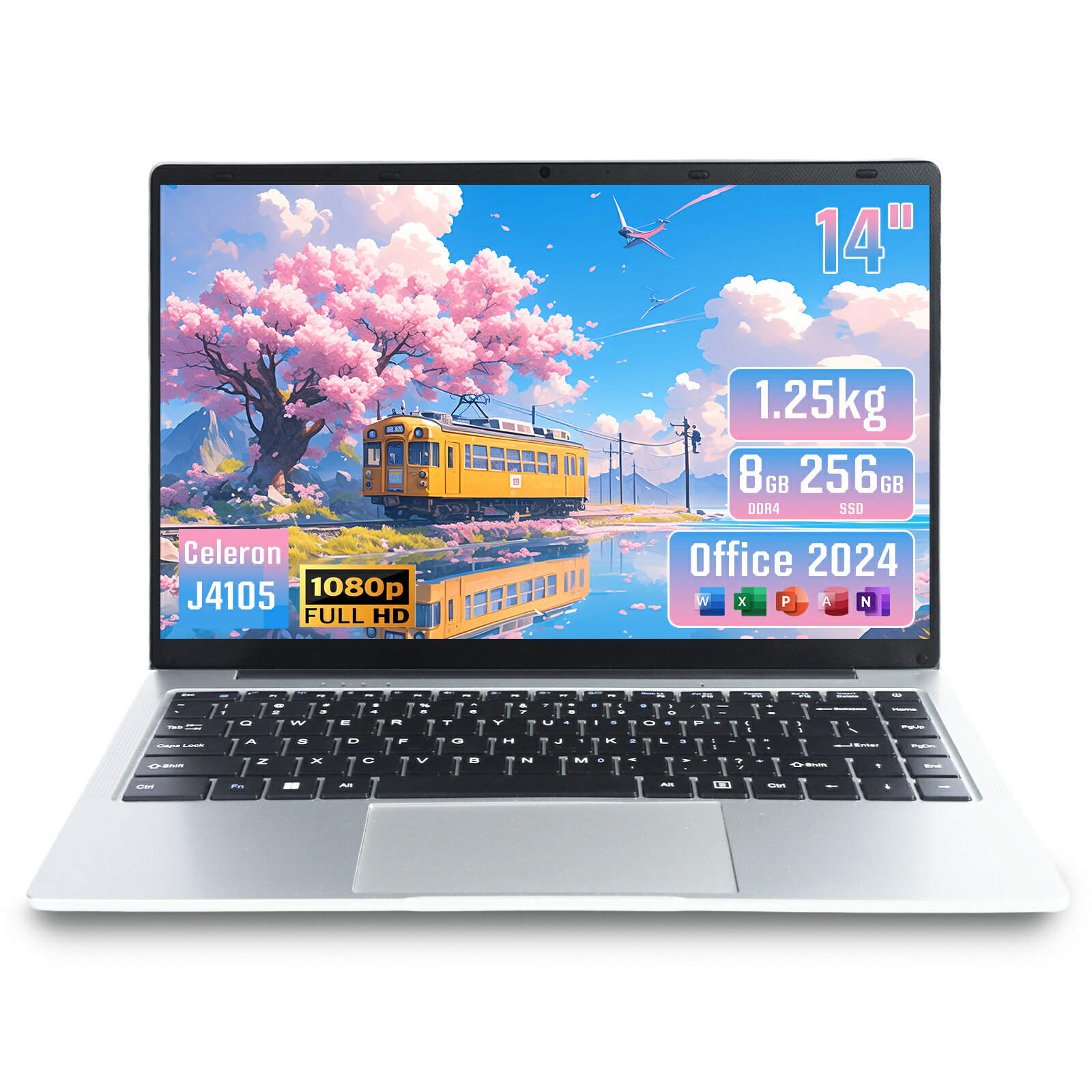 ノートパソコン 14インチ Windows11搭載 8GBメモリ 軽量1.2kg 薄型 5mm狭ベゼル 静音 ファンレス Office付き 日本語キーボードフィルム 無線マウス付属 初心者 在宅勤務 学習用 PC