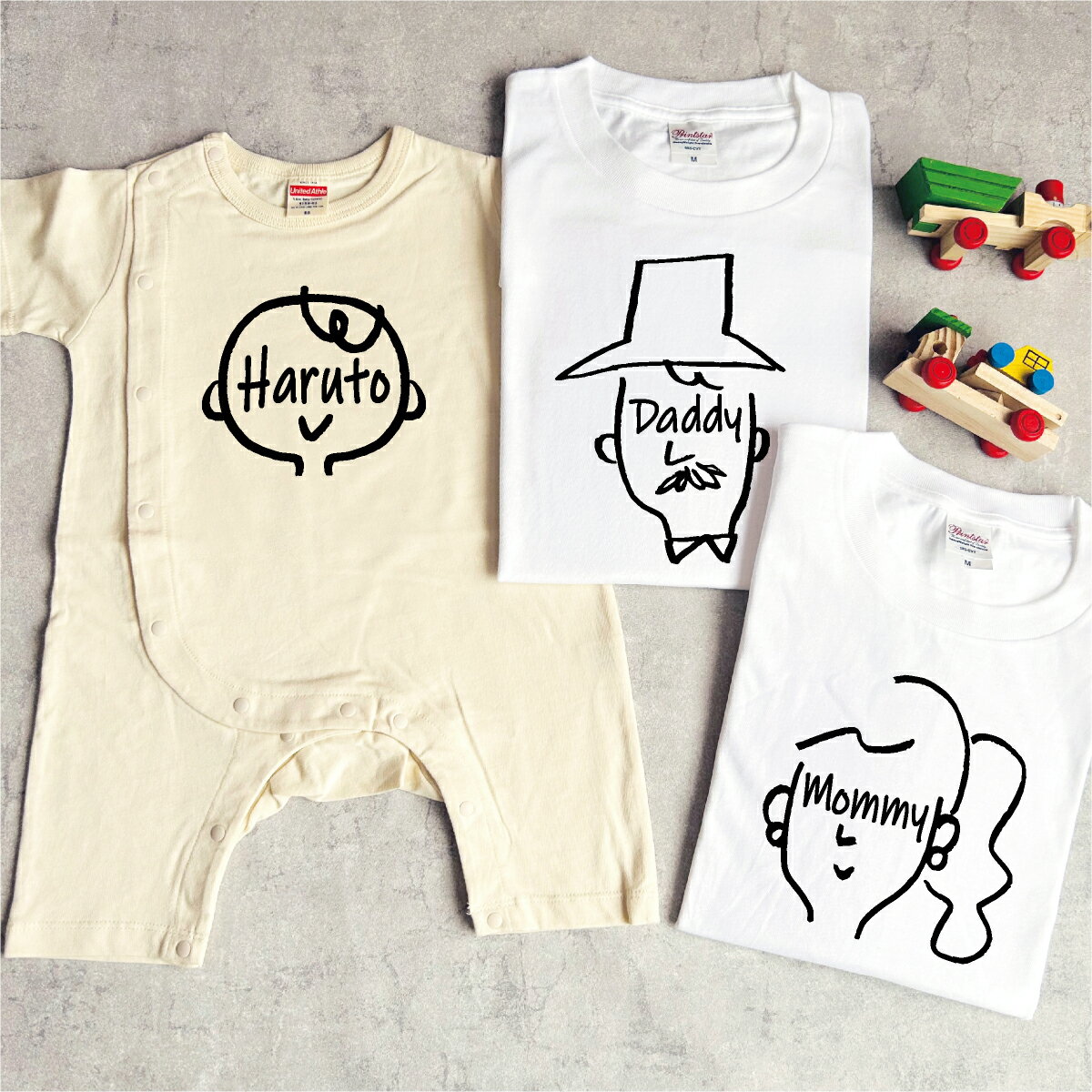 名入れ 3枚親子セット 顔ネームTシャツ・ロンパース 送料無料 出産祝い 誕生日 プレゼント オリジナル ギフト 男の子 女の子