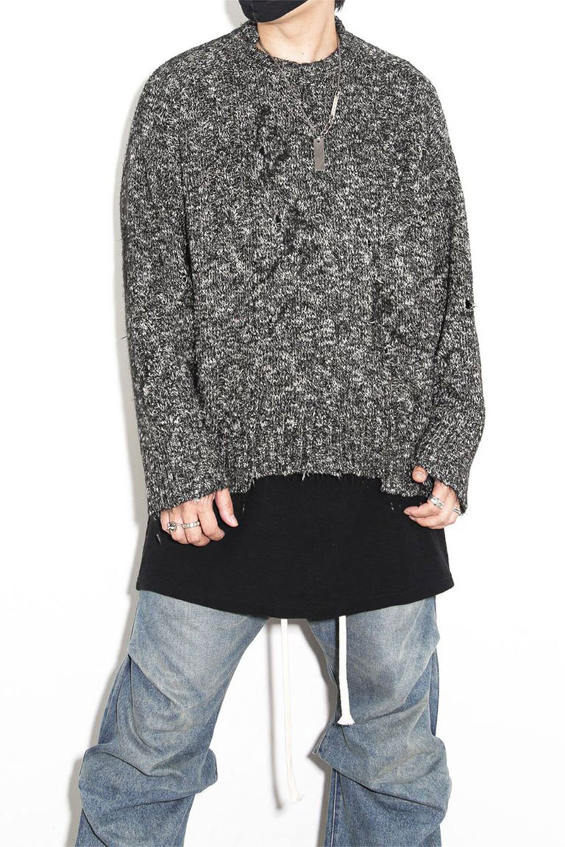 Rakuten - セール商品 30%OFF 送料無料 トップス A.F ARTEFACT エーエフ アーティファクト Damage Knit Top / ブラックミックス 返品交換不可