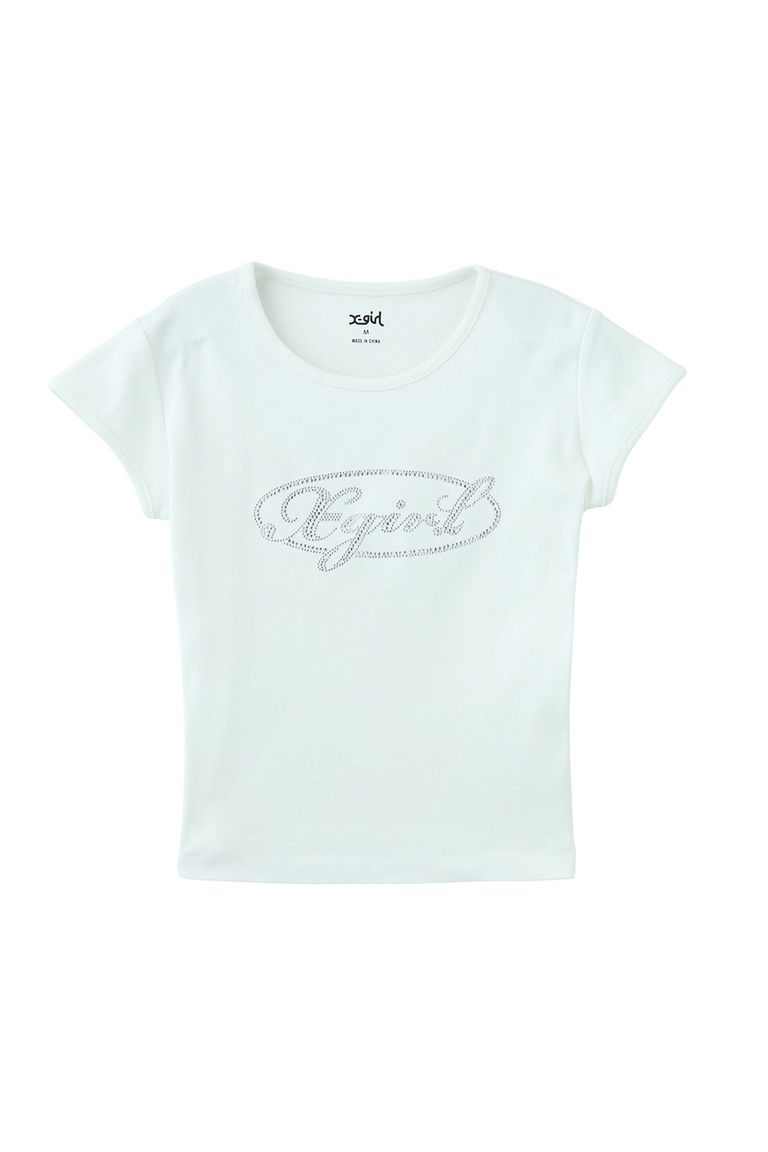 送料無料トップス X-girl エックスガール RHINESTONE OVAL CURSIVE LOGO S/S BABY TEE / ホワイト 返品交換不可