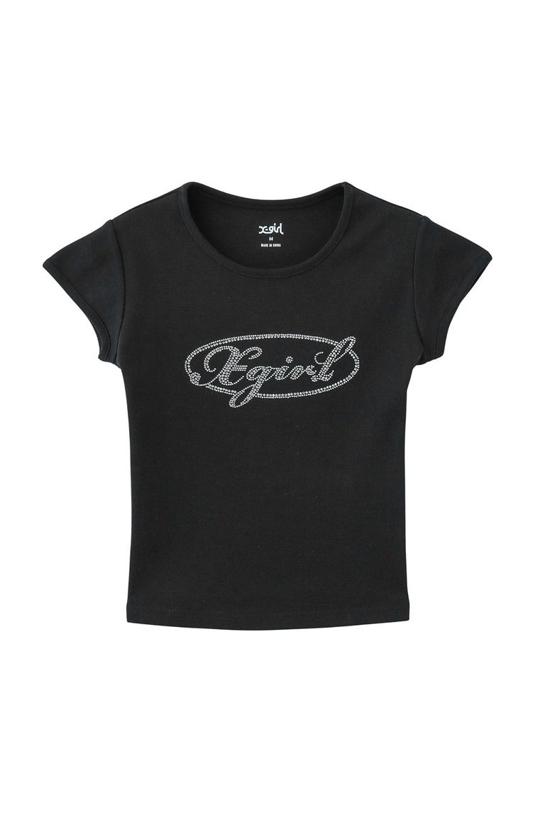 Rakuten - 送料無料トップス X-girl エックスガール RHINESTONE OVAL CURSIVE LOGO S/S BABY TEE / ブラック 返品交換不可