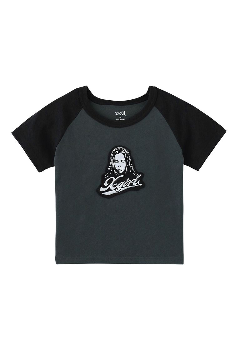 送料無料トップス X-girl エックスガール FACE EMBROIDERED PATCH RAGLAN S/S BABY TEE / チャコール 返品交換不可
