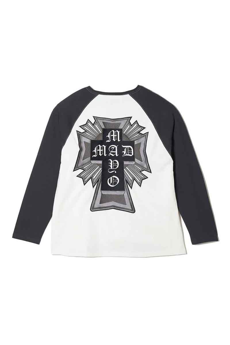 セール商品 30%OFF 送料無料 トップス MAYO メイヨー MAYO CROSS Embroidery Raglan Long Sleeve Tee / ホワイト×ブラック 返品交換不可