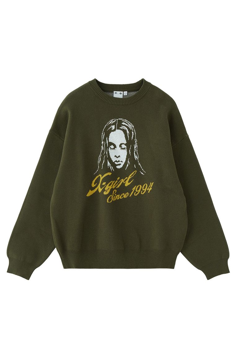 Rakuten - 送料無料トップス X-girl エックスガール CURSIVE LOGO AND FACE JACQUARD KNIT TOP /オリーブ