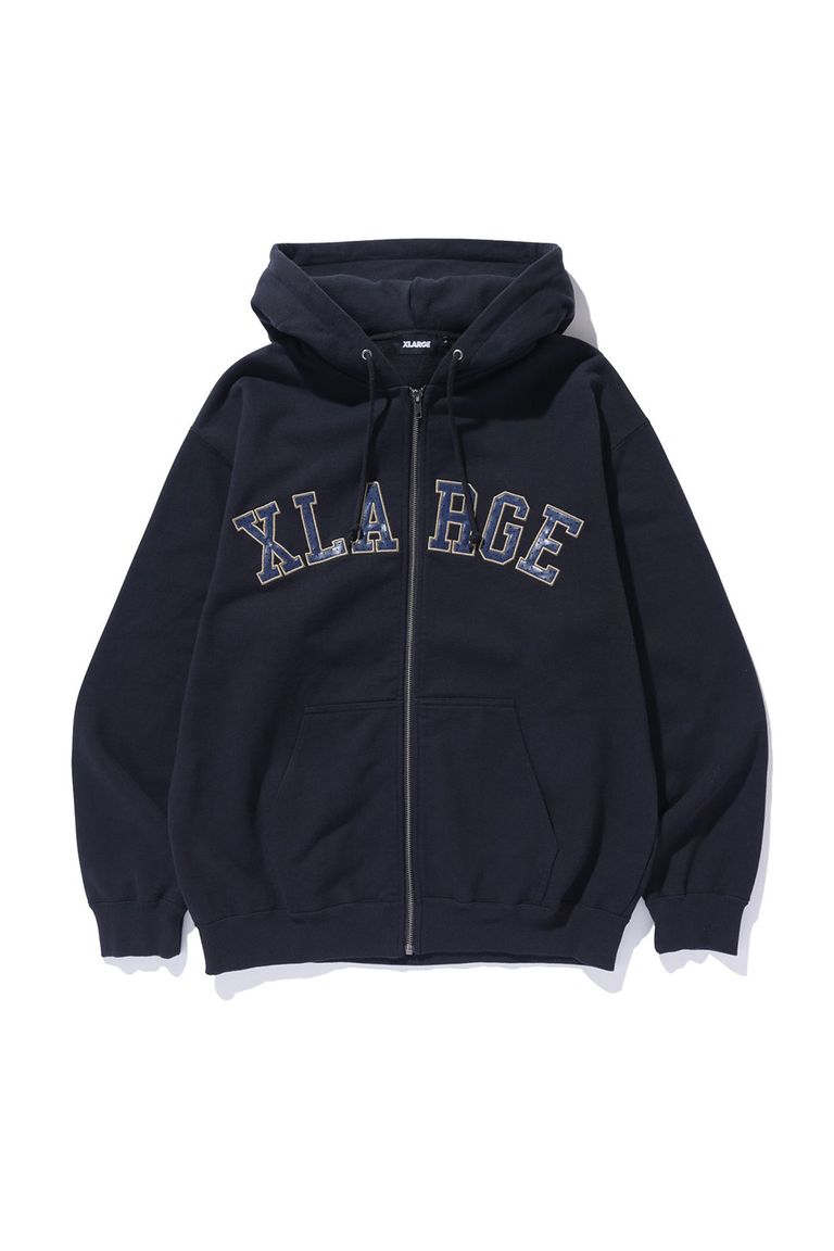 送料無料 トップス XLARGE エクストララージPERFORATED LEATHER LOGO ZIP UP HOODED SWEATSHIRT / ブラック