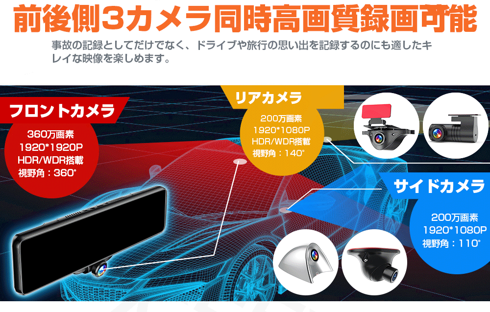 【ポイント20倍】ドライブレコーダー前後ミラー前後側カメラミラー型3カメラ前後360度11.88インチ超広角SONYセンサー車内用信号機対応GPS搭載常時録画駐車監視HUDGPS機能搭載1年間安心保証AKY-V360ST