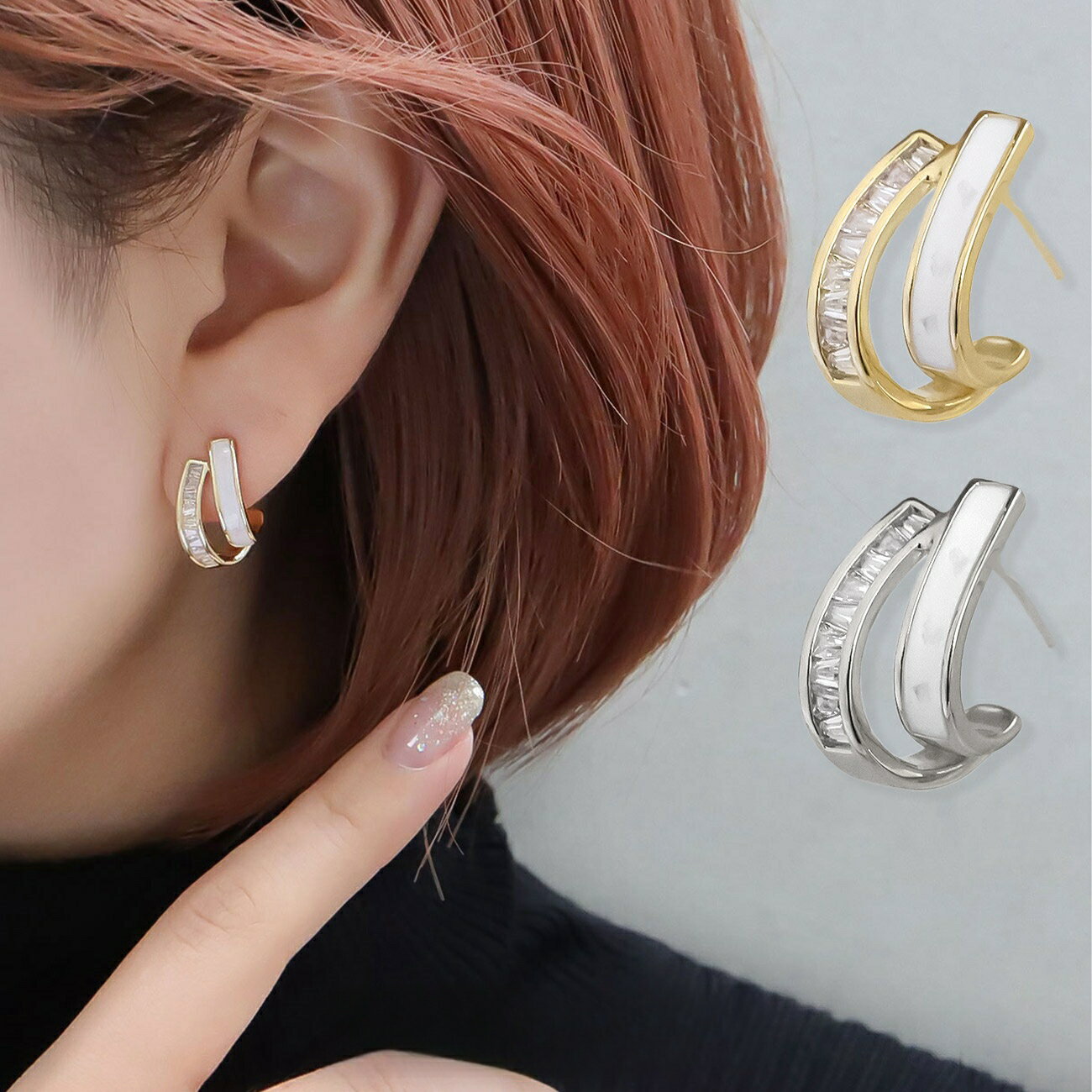 ピアス ジルコニア ダブルライン 金属アレルギー対応 ニッケルフリー 両耳 セット エレガント カジュアル 14Kコーティング シルバー925 スタッド シンプル 大人 かわいい 高見え ジュエリー アクセサリー レディース ブランドのサムネイル