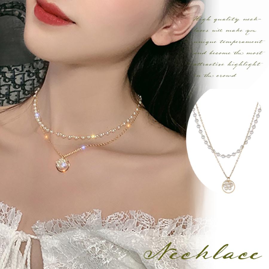 2連 チョーカーネックレス レディース ショート チェーンネックレス フェイクパールアクセサリー おしゃれ ゴールド