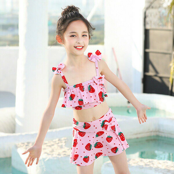 【楽天ス一パ一セ一ル】上下セット イチゴ ノースリーブ キュロット 体型カバー 女の子 水着 子供 大きいサイズ カバーアップ ビーチ スクール ショートパンツ 海水浴 温泉 プール 旅行 可愛い おしゃれ レッド