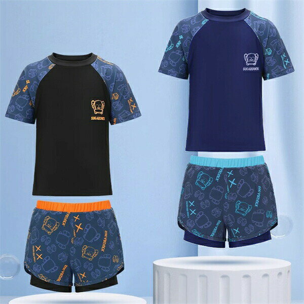 【楽天ス一パ一セ一ル】3点セット キャップ付き 水着 男の子 キッズ 上下セット ビーチ ショートパンツ トップス スイミング 子供用 スイムウェア リゾート セパレート ウエストゴム 海水浴 川遊び プール パンツ 半袖 110cm 120cm 130 3