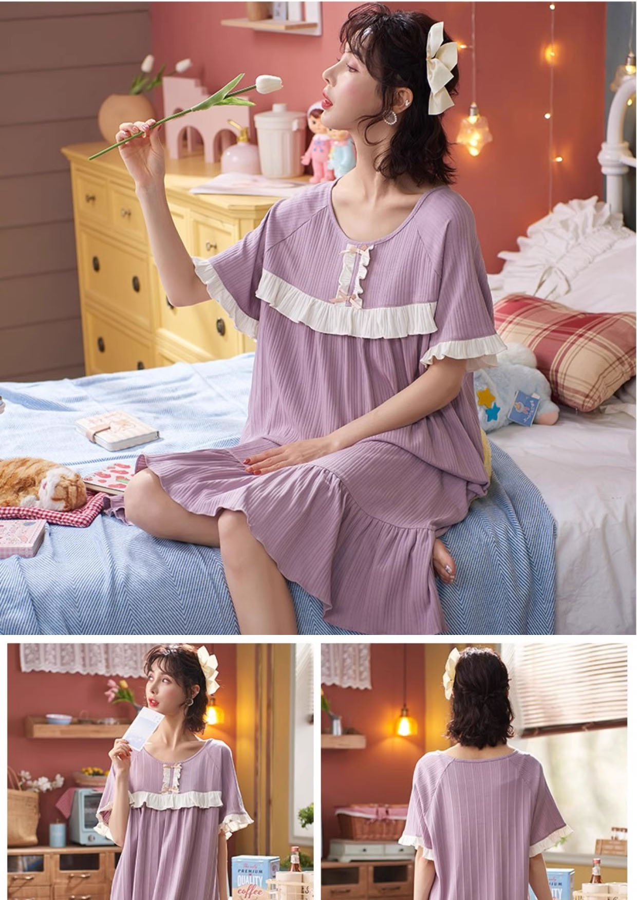 【楽天ス一パ一セ一ル】ネグリジェ パジャマ ルームウェア ワンピース半袖 ロング レディース 寝巻き 部屋着 体型カバー可愛い