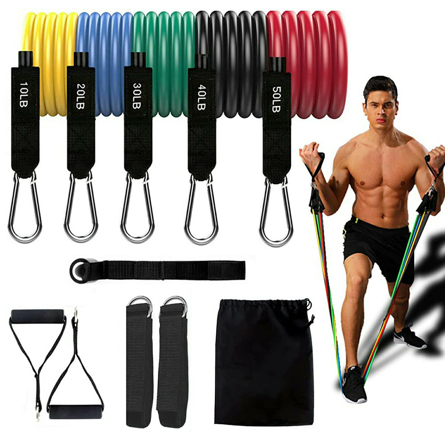 【楽天ス一パ一セ一ル】トレーニングチューブ フィットネスチューブ エクササイズバンド 強度別5本セット 筋トレ チューブ 収納袋付き