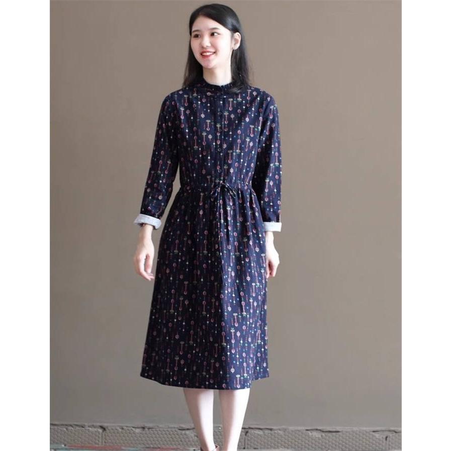 総柄ワンピース 春秋 フリルカラー レディース 長袖 ミモレ丈 長袖ワンピ レディースワンピース 柄ワンピース ロングワンピース 柄ワンピ ひざ丈ワンピ フレアワ