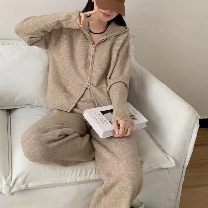 おしゃれ 春 スリット Vネック 長袖 秋冬 カジュアル カーディガン レディース ロングパンツ セットアップ ワイドパンツ