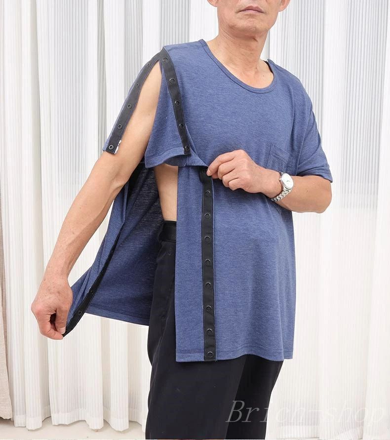 ワンタッチ 両脇全開 男女兼用 長袖 半袖 介護寝間着 介護衣服 手術後ショルダーリカバリーTシャツ 骨..