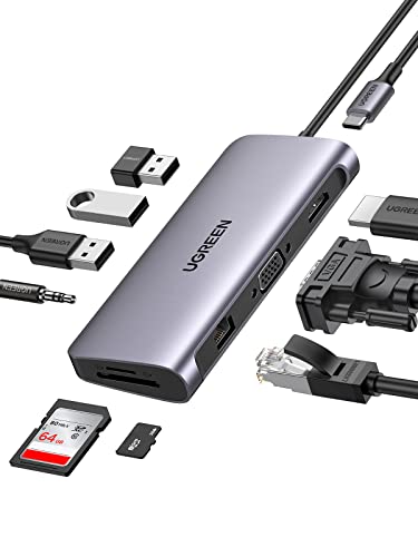 UGREEN USB C ハブ 10-in-1 USBハブ Type-C 4K HDMI& VGA出力 100W Power Delivery 1Gbps ギガビットイーサネット LAN ポート3*USB 3.0ポート 3.5mmポート SD / MicroSDカードリーダースロット搭載 ドッキングステーショ