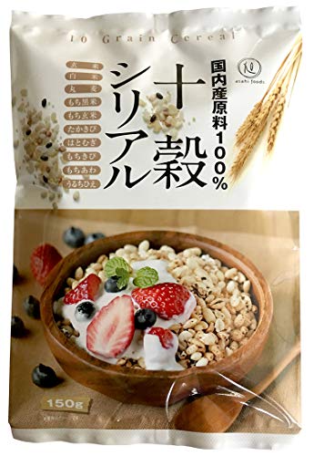 内容量:150g カロリー:580kcal 原材料:てんさい糖(北海道産)、玄米(愛知産)、白米(愛知産)、丸麦、もち黒米、もち玄米、たかきび、食塩、はとむぎ、もちきび、もちあわ、うるちひえ 商品サイズ(高さx奥行x幅):300.0mmx50.0mmx200.0mm 【商品紹介】国内産原料100%使用。 10種類の穀物をソフトなパフにし、てんさい含蜜糖でほんのり甘く仕上げました。 牛乳や豆乳、ヨーグルトなどと、お好みでお召し上がりください。 【注意事項】*石灰乾燥剤封入*開封後は、早めにお召し上がりください。*本品を製造している工場では、小麦、落花生、えび、かに、いか、大豆、ごまを原料とした製品も生産しています。 原材料・成分 十穀シリアル 150g*1個は、原材：てんさい含蜜糖（北海道産）、玄米・白米（愛知産）、丸麦（福井・富山産）、もち黒米（国内産）、もち玄米・たかきび（岩手産）、食塩（青い海）、はと麦・もちきび・もちあわ・うるちひえ（岩手産） 使用方法 十穀シリアル 150g*1個は、北海道や福井・富山県など国内産原料10種類の穀物をソフトなパフに仕上げ、含蜜甜菜糖でほんのり甘くつくりあげた雑穀シリアル。牛乳や豆乳、ヨーグルトなど、お好みでお召し上がりいただけます。牛乳や豆乳、ヨーグルトなどと、お好みで美味しくお召し上がりいただけます。 続きを見る