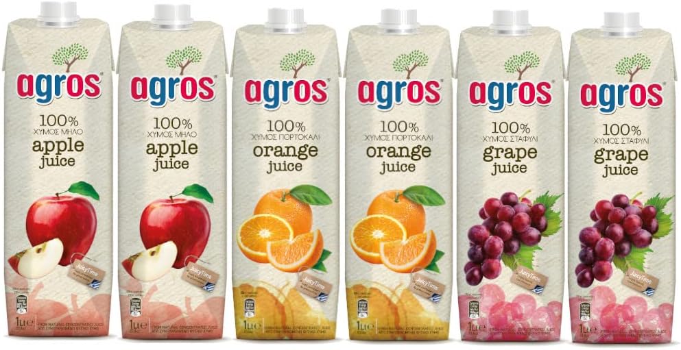 Rakuten - 【送料無料】agros 果汁100％ ジュース詰め合わせ（オレンジ、アップル、グレープ） ギリシャ産 1L×6本 お試しセット 無添加 紙パック 業務用 まとめ買い 濃縮還元 1L×6本セット