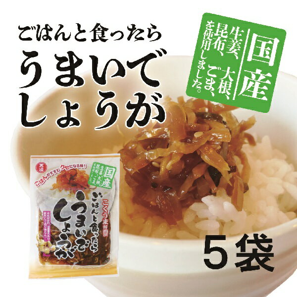 【お得な5袋セット】国産しょうが、大根、昆布、ごま　こくうま醤油漬　合成保存料　合成着色料不使用　ごはんと食ったらうまいでしょうが　【100gx5袋】