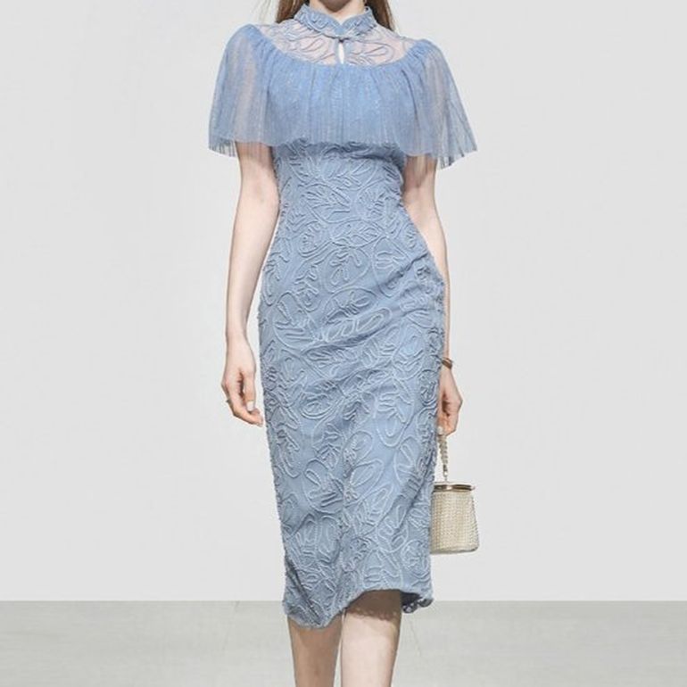 パーティードレス 韓国 プチプラ 即納 タイト ケープ ケーブル レース 結婚式 二次会 謝恩会 成人式 ワ..