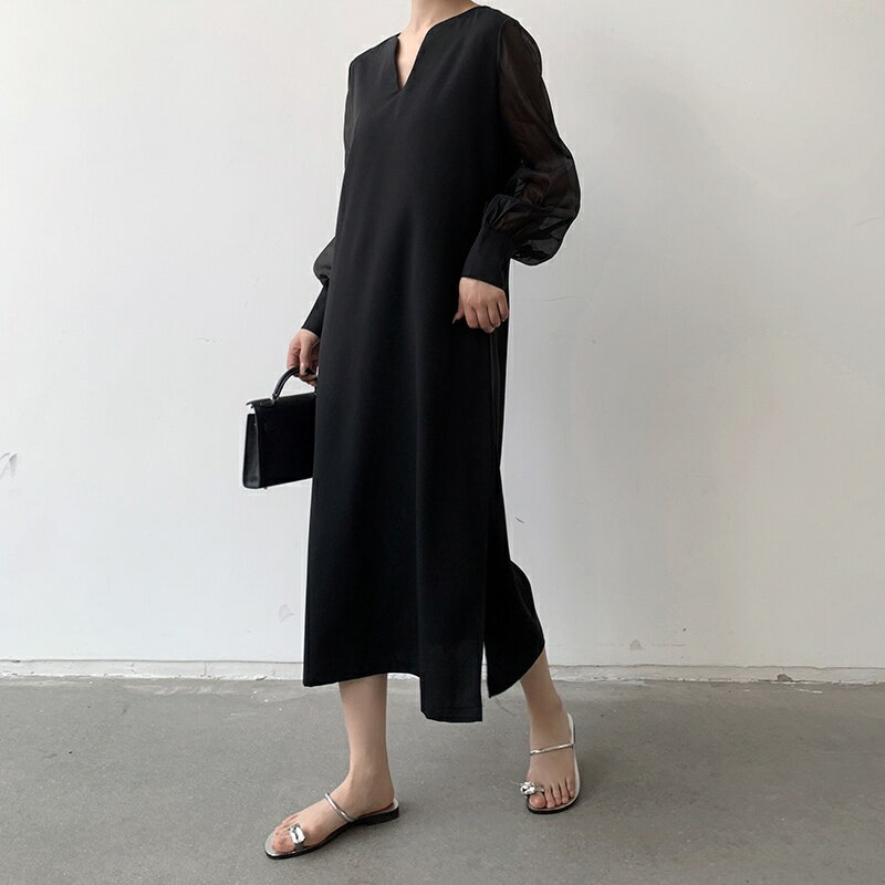 Rakuten - [inotenka]ロングワンピース レディース 切り替え 薄手 長袖 プリーツ フライスリーブ 体型カバー 着痩せ 通気 きれいめ カジュアル 通勤 春秋