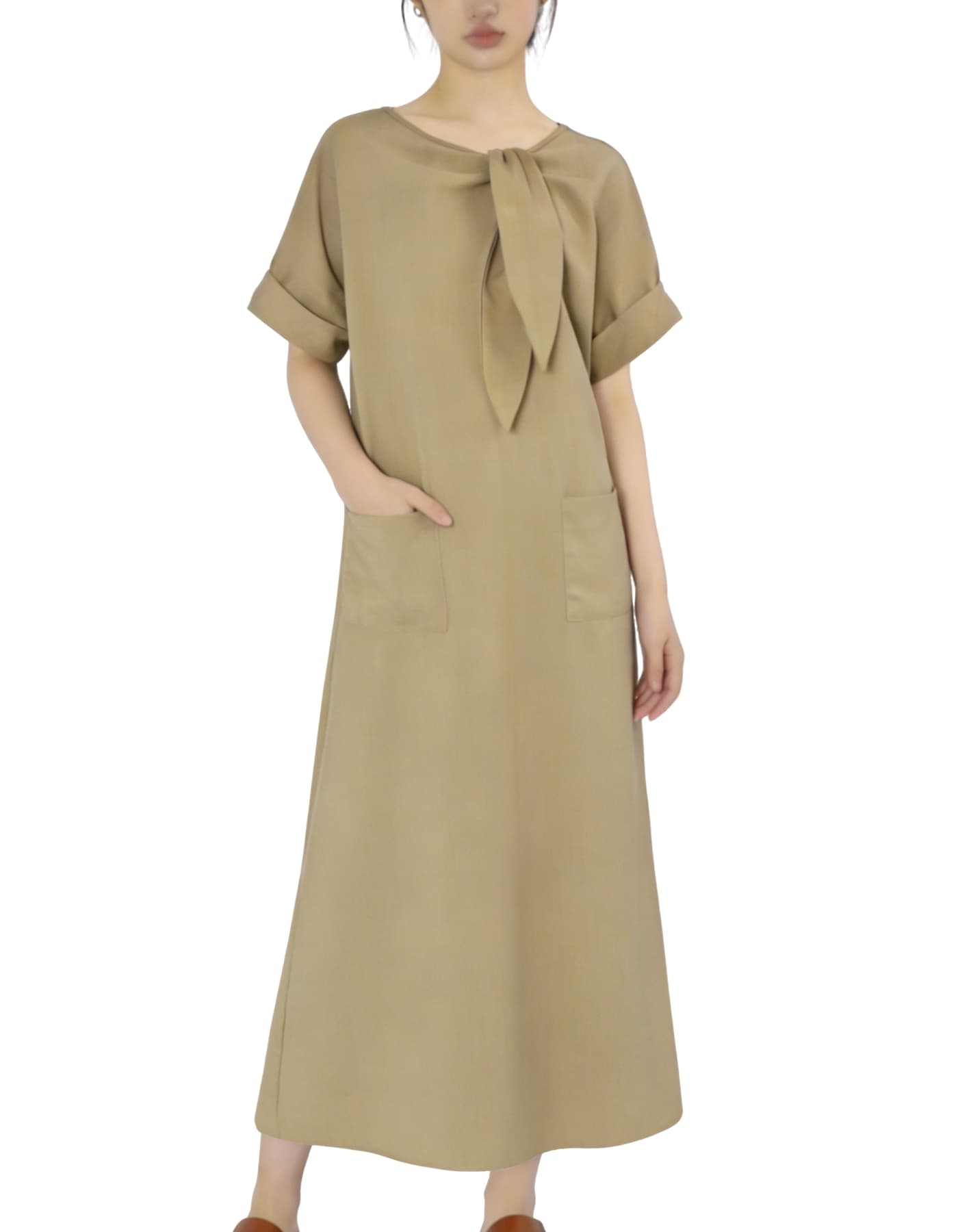 Rakuten - [Kayiyasu] ロングワンピース レディース 夏秋 春服 半袖 プリーツ リボン 上品 可愛い ゆったり 体型カバー おしゃれ 無地 薄手 ポケット サマードレス リゾート 通勤 カジュアル 大きいサイズ S-3XL