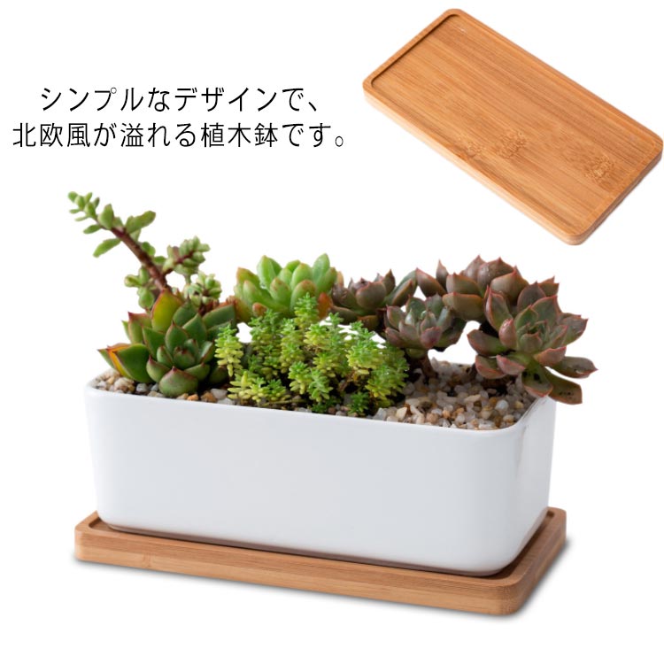 シンプルなデザインで、北欧風が溢れる植木鉢です。高品質の陶器で仕上げられで、高級感があります。トレイ付きなので、置く場所はびしょ濡れになる心配が要りません。底穴があり、通気性がよく、排水に便利です。お部屋、オフィス、お店、キッチンなどに置いて綺麗な飾りになります。 サイズ フリーサイズ サイズについての説明 植木鉢：17*8.5*5.7cmトレイ：17.2*8.8*1.1cm 素材 陶器 色 写真色トレイ付き 備考 ●サイズ詳細等の測り方はスタッフ間で統一、徹底はしておりますが、実寸は商品によって若干の誤差(1cm～3cm )がある場合がございますので、予めご了承ください。 ●製造ロットにより、細部形状の違いや、同色でも色味に多少の誤差が生じます。 ●パッケージは改良のため予告なく仕様を変更する場合があります。 ▼商品の色は、撮影時の光や、お客様のモニターの色具合などにより、実際の商品と異なる場合がございます。あらかじめ、ご了承ください。 ▼生地の特性上、やや匂いが強く感じられるものもございます。数日のご使用や陰干しなどで気になる匂いはほとんど感じられなくなります。 ▼同じ商品でも生産時期により形やサイズ、カラーに多少の誤差が生じる場合もございます。 ▼他店舗でも在庫を共有して販売をしている為、受注後欠品となる場合もございます。予め、ご了承お願い申し上げます。 ▼出荷前に全て検品を行っておりますが、万が一商品に不具合があった場合は、お問い合わせフォームまたはメールよりご連絡頂けます様お願い申し上げます。速やかに対応致しますのでご安心ください。