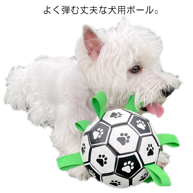 よく弾む丈夫な犬用ボール。サッカーボールの模様がデザインされています。厚めがあり、弾力性、耐久性があり、噛んでも壊れません。水に浮くので水中での遊びにもおすすめ。犬種にかかわらず、小型犬から大型犬までに適用。場所を選ばず、室内でもアウトドアでも遊べます。 サイズ フリーサイズ サイズについての説明 直径15cm、重量165g 素材 TPU、ナイロン 色 写真色 備考 ●サイズ詳細等の測り方はスタッフ間で統一、徹底はしておりますが、実寸は商品によって若干の誤差(1cm～3cm )がある場合がございますので、予めご了承ください。 ●製造ロットにより、細部形状の違いや、同色でも色味に多少の誤差が生じます。 ●パッケージは改良のため予告なく仕様を変更する場合があります。 ▼商品の色は、撮影時の光や、お客様のモニターの色具合などにより、実際の商品と異なる場合がございます。あらかじめ、ご了承ください。 ▼生地の特性上、やや匂いが強く感じられるものもございます。数日のご使用や陰干しなどで気になる匂いはほとんど感じられなくなります。 ▼同じ商品でも生産時期により形やサイズ、カラーに多少の誤差が生じる場合もございます。 ▼他店舗でも在庫を共有して販売をしている為、受注後欠品となる場合もございます。予め、ご了承お願い申し上げます。 ▼出荷前に全て検品を行っておりますが、万が一商品に不具合があった場合は、お問い合わせフォームまたはメールよりご連絡頂けます様お願い申し上げます。速やかに対応致しますのでご安心ください。