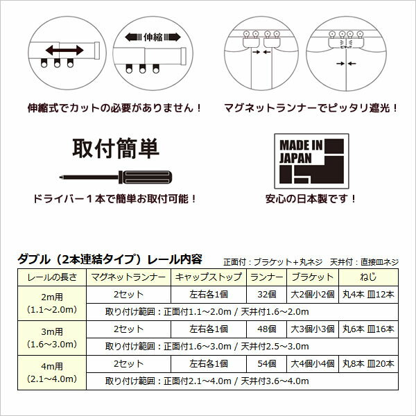 ◆◆★送料無料 金属カーテンレール伸縮タイプ4m用（2.1〜4.0m）ダブル(2本連結タイプ）【同梱不可商品】