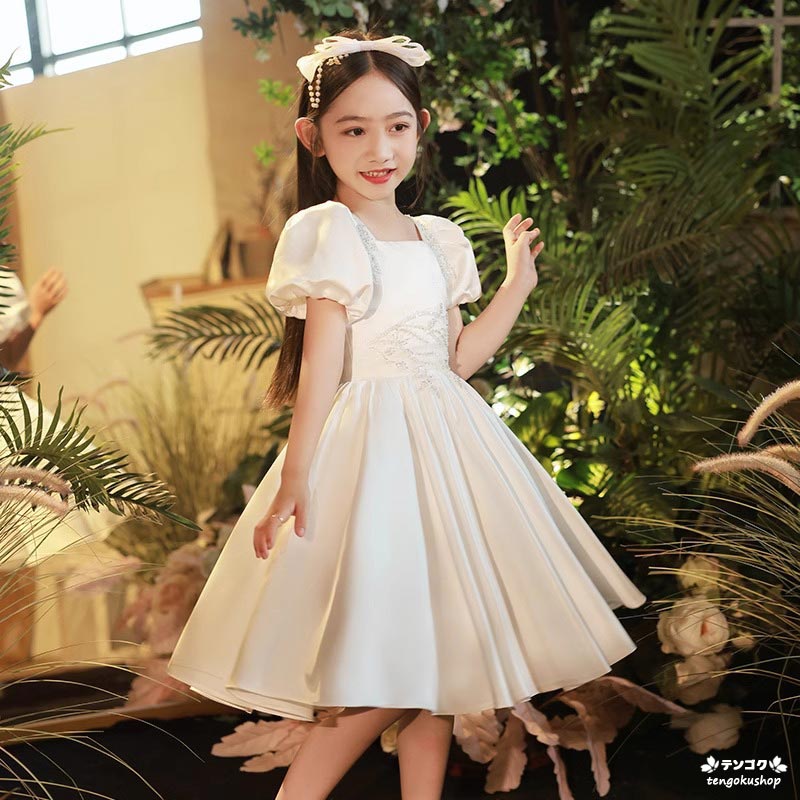 楽天天国ショップ子供ドレス ホワイト ショート丈 プリンセスドレス 女児ドレス 可愛いドレス スクエアネック フォーマル パフスリーブ 誕生日 ギフト プレゼント 女の子ドレス ホワイトドレス キッズドレス コンクール 演奏会ドレス 子どもドレス 白 送料無料 100 110 120 130 140 150 160
