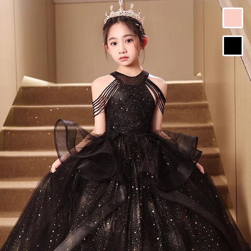 楽天天国ショップ送料無料 子供ドレス 黒 ロングドレス キレイめ 女児ドレス ブラック 演奏会ドレス 女の子 フォーマル キッズドレス 演出服 ステージドレス ノースリーブ ロング丈 七五三 お盆 ドレス 可愛い 子どもドレス 発表会ドレス ピンク 100 110 120 130 140 150 160