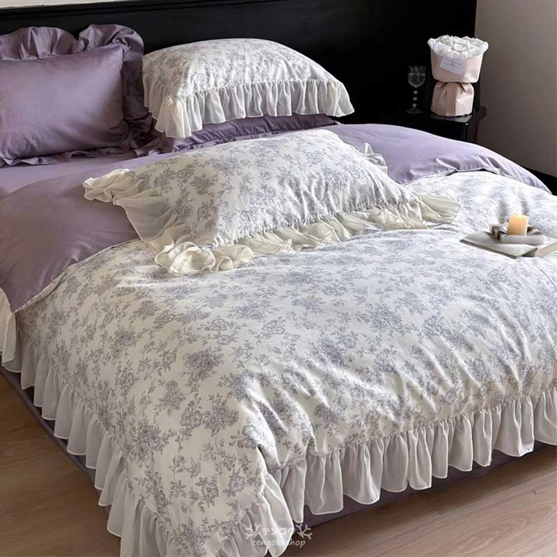 布団カバーセット パープル 姫系 花柄 綿 寝具カバー 掛けカバーセット ベッド用品 掛け布団カバー 敷きカバー ダブル クイーン キング フラットシーツ ボックスシーツ 枕カバー 4点セット 肌触り良い 洗える 寝具カバーセット 新生活 柔らかい コットン 送料無料 tengokushop-10001000 天国ショップ サンプル画像2