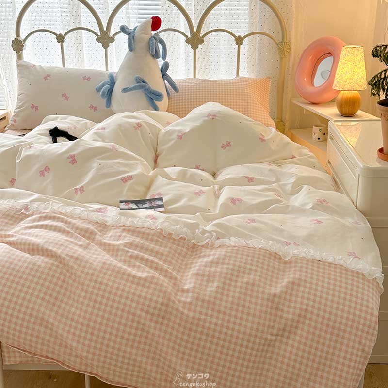 布団カバー 寝具カバーセット フリル リボン レース 寝具カバーセット 韓国風 オシャレ キレイめ 掛けカバーセット 姫系 可愛い ピンク チェック柄 掛け布団カバー 寝具カバー ベッド用品 ボックスシーツ フラットシーツ セミダブル ワイドダブル キング 送料無料