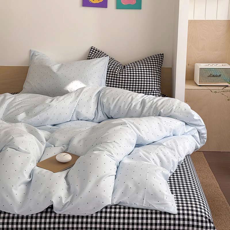 布団カバーセット 優しい肌触り 掛け布団カバー寝具カバーセット 洗える ドット チェック柄フラットシーツ 可愛い 子供 大人 ボックスシーツ フラットシーツ 3点セット 4点セット セミダブル ダブル クイーン キング 洗える 掛けカバーセット ブルー 送料無料