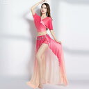 ベリーダンス 衣装 セット 大きいサイズ グラデーション チュール ダンス衣装 社交ダンス Belly dance 練習着 2点セット 上下セット ローズ グリーン スリット インナーパンツ付き セットアップ レッスン着 トップス+スカート 袖あり Vネック 送料無料