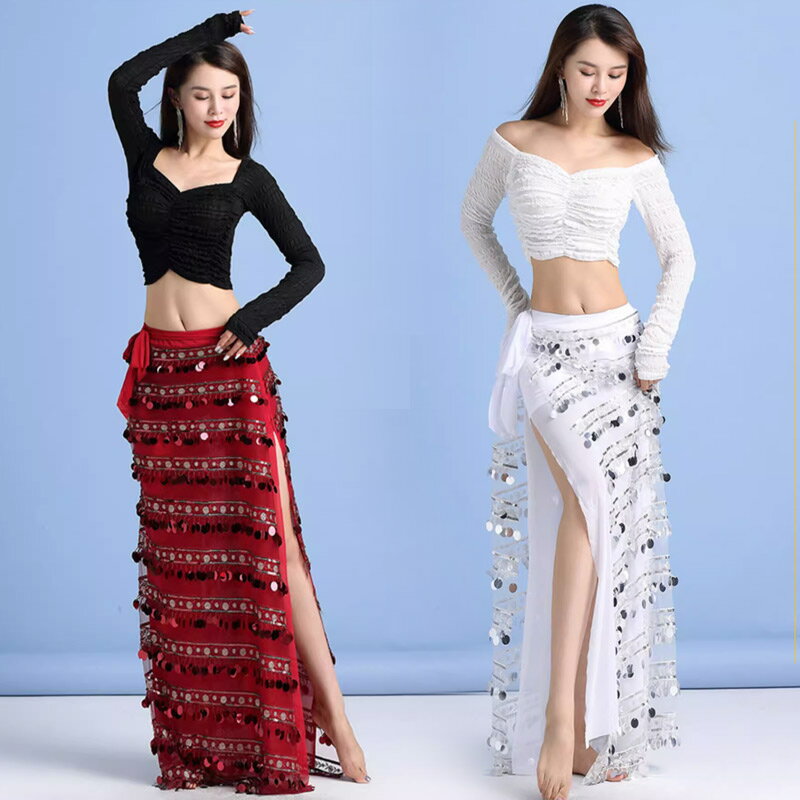 【送料無料】ベリーダンス 衣装 レディース レッスン着 キラキラ ベリーダンス衣装 黒 上下セット 長袖 トップス 2点セット 練習服 舞台 演出 ステージ ダンス衣装 セットアップ ワイン赤 白 ブラック シャンパン色 スリット ロングスカート 20代 30代 40代 M L XL